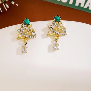 Elegant Christmas tree drop earrings with sparkling rhinestones and white pearls in gold