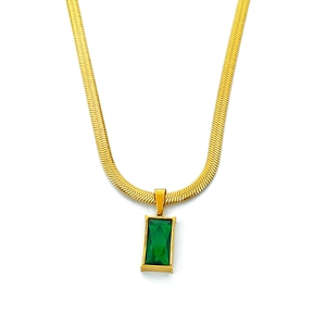 Gold herringbone chain necklace with rectangular emerald green gemstone pendant