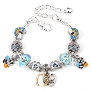 Bracelet à Breloques en Perles de Petite Abeille et Cœur DIY pour Enfants Filles Chaîne en Os de Serpent Argentée