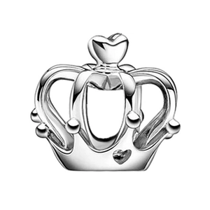 Polished silver crown bead with 3D heart detail and hollow engravings for DIY bracelets
