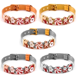 Bracciale a Maglia in Acciaio Inossidabile di Natale Regolabile Babbo Natale Ciondoli in Smalto Calze Guanti Caramelle Bracciale con Fibbia a Dito per Donna Gioielli Regalo