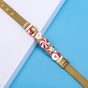 Bracciale a maglia dorata regolabile con ciondoli natalizi e Babbo Natale