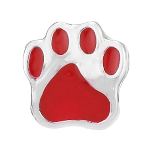 Silver-plated paw print charm bead with vibrant red enamel inlay for DIY bracelets