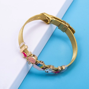 Colorful unicorn and flamingo charms on a gold mesh band bracelet for girls