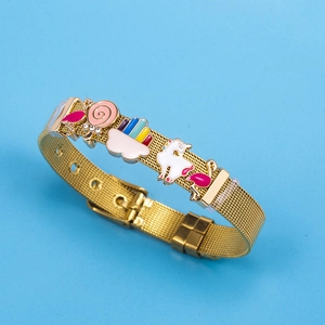 Colorful DIY kids gold mesh bracelet with flamingo unicorn and rainbow charms