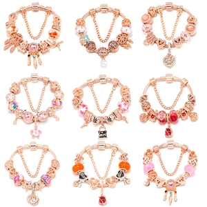 Women Rose Gold DIY Charm Bracelet Alloy Rhinestone Murano Glass Beaded Snake Chain Heart Shell Pendant Fashion Jewelry