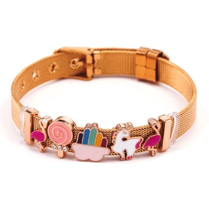 Rose gold mesh bracelet with colorful cartoon flamingo and rainbow charms for kids