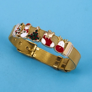 Verstellbares goldenes Edelstahl-Mesh-Armband mit festlichen Weihnachts-Emaille-Anhängern