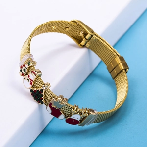 Verstellbares goldenes Mesh-Armband mit Weihnachtsanhängern wie Schneemann und Baum