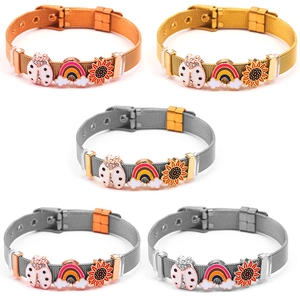 Adjustable Stainless Steel Mesh Bracelet For Women Girls Ladybug Rainbow Sunflower Enamel Charms Watch Strap Style Jewelry