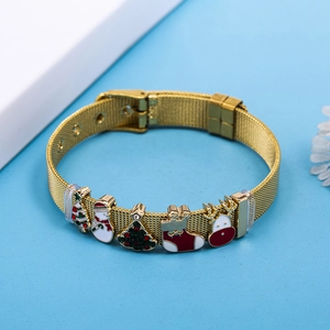 Verstellbares goldenes Mesh-Armband mit Weihnachtsbaum-, Schneemann- und Rentieranhängern