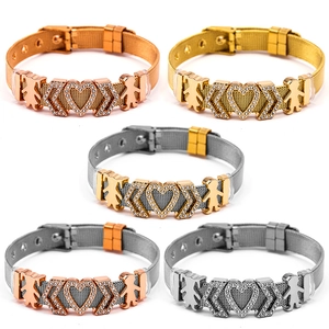 Bracelet Charm en Maille d'Acier Inoxydable pour Femme Avec Breloques Coeur Garçon Fille en Alliage Strass Bijoux Réglables