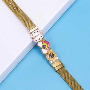 Adjustable gold mesh bracelet with rainbow ladybug and sunflower charms for women