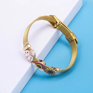 Gold mesh strap bracelet with rainbow, sunflower, and smiley face charms for women
