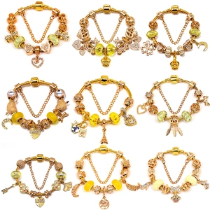DIY Gold Plated Alloy Charm Bracelet For Women Heart Crown Moon Star Pendant Rhinestone Snake Chain Fashion Jewelry Gift