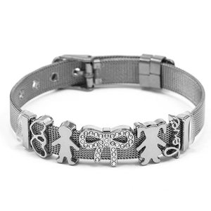 Bracelet maille argenté 10mm avec nœud en strass et breloques love pour femme