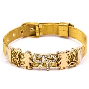 Bracelet doré maille 10mm avec nœud évidé et breloques cœur en strass pour femme