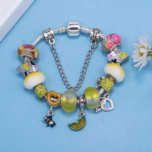 Pandora style charm bracelet with panda and lemon pendants on a silver snake chain