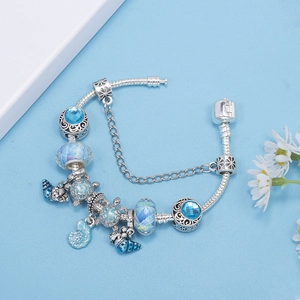 Blue ocean shell and sea turtle charm bracelet with silver snake chain and beads