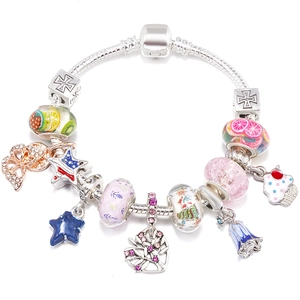 Pulsera Charm DIY de Moda para Mujer Aleación Bañada en Plata Cadena de Serpiente Con Cuentas de Vidrio Coloridas Colgante de Corazón Mariposa Joyería