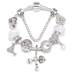 Bracelet Chaîne Serpent en Alliage Plaqué Argent pour Femme Pendentifs Cœur Arbre de Vie Verre à Vin Infini Bijoux Famille