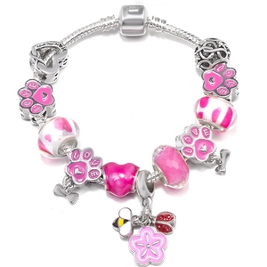 Bracelet à Charms Cœur et Patte en Émail Rose pour Femme Chaîne Serpent Couleur Argent Bijoux DIY Cadeau Saint-Valentin