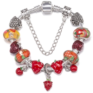 Alloy Fruit Strawberry Charm Bracelet Snake Chain with Safety Chain Red Enamel Fruit Beads Summer Jewelry for Women