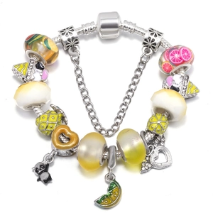 Summer Fruit Panda Charm Bracelet Alloy Silver Plated Enamel Lemon Pineapple Bead Bracelet For Women Girls Birthday Party Jewelry