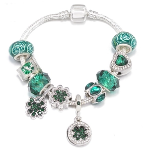 Western Style Alloy Green Crystal Glass Beads Charm Bracelet With Clover Heart Pendant Silver Tone Snake Chain Jewelry For Women