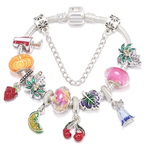 DIY Charm Bracelet For Girls Children Birthday Gift Silver Color Alloy Snake Chain With Colorful Fruit Enamel Beads Strawberry Cherry Heart Tropical Leaf Charms Jewelry