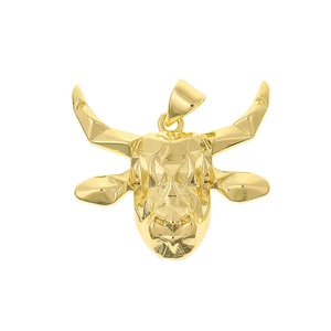 Detailed close-up of 18K gold plated bull head pendant with geometric faceted design