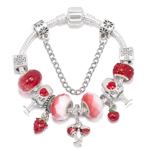 Bracciale DIY Con Perline e Ciondoli Per Donna Ciondolo a Cuore Calice di Vino Fragola Rossa Lega Strass Catena a Serpente Gioielli Regalo