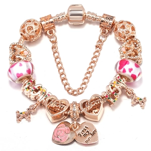 Rose gold snake chain bracelet with pink crystal beads and heart-shaped Mom pendants
