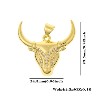 Macro view of gold-plated bull head pendant with zircon stones and dimension specs