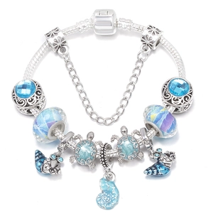 Ocean Theme Alloy Charm Bracelet Blue Glass Beads Turtle Shell Pendants For Women Fashion DIY Snake Chain Jewelry Gift