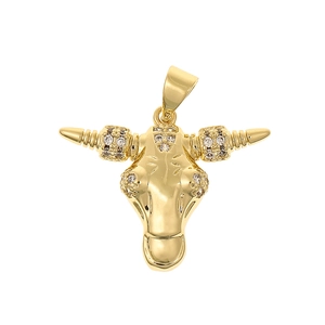 Close-up of a 18K gold plated bull head pendant with micro-pave cubic zirconia crystals