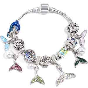 Ocean Theme DIY Charm Bracelet For Women Alloy Silver Plated Fishtail Dolphin Shell Beads Rhinestone Artificial Pearl Jewelry