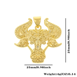 Detailed view showing 25mm bull head pendant dimensions and gold baroque engravings