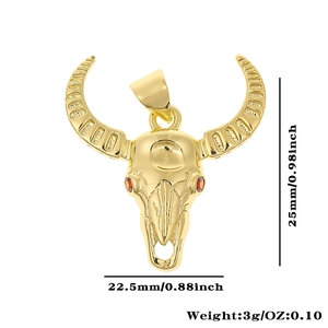 Detail view of 18K gold bull skull pendant showing dimensions 25x22.5mm and 3g weight
