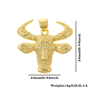 Detail of 18K gold plated bull head pendant showing dimensions and ornate relief texture