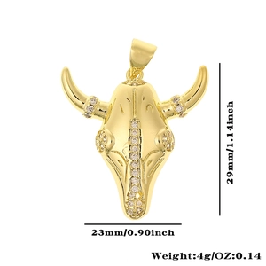 Detailed size view of bull head pendant featuring 18K gold plating and cubic zirconia