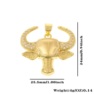 Bull head pendant dimension details with 25.5mm width and 24mm height in gold finish