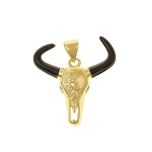 Western bull skull pendant in 18K gold plated copper with black horns and engraved details