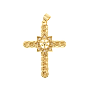 Classic gold cross pendant with chain texture and micro-paved zircon star center