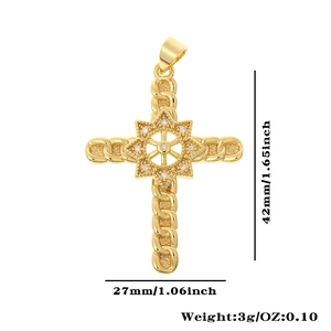 Detailed size view of a gold cross pendant with nautical star and zircon inlay