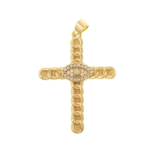 Classic gold cross pendant with twisted rope design and central evil eye charm