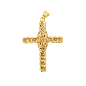 Classic gold cross pendant with Virgin Mary engraving and micro-set zircon accents