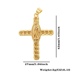 Detailed view of golden cross pendant with Mary relief and chain-link texture pattern