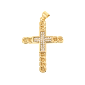 Detailed close-up of a gold cross pendant with cubic zirconia stones and rope texture