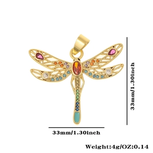 Detailed view of colorful dragonfly pendant with measurements 33mm and 4g weight specs